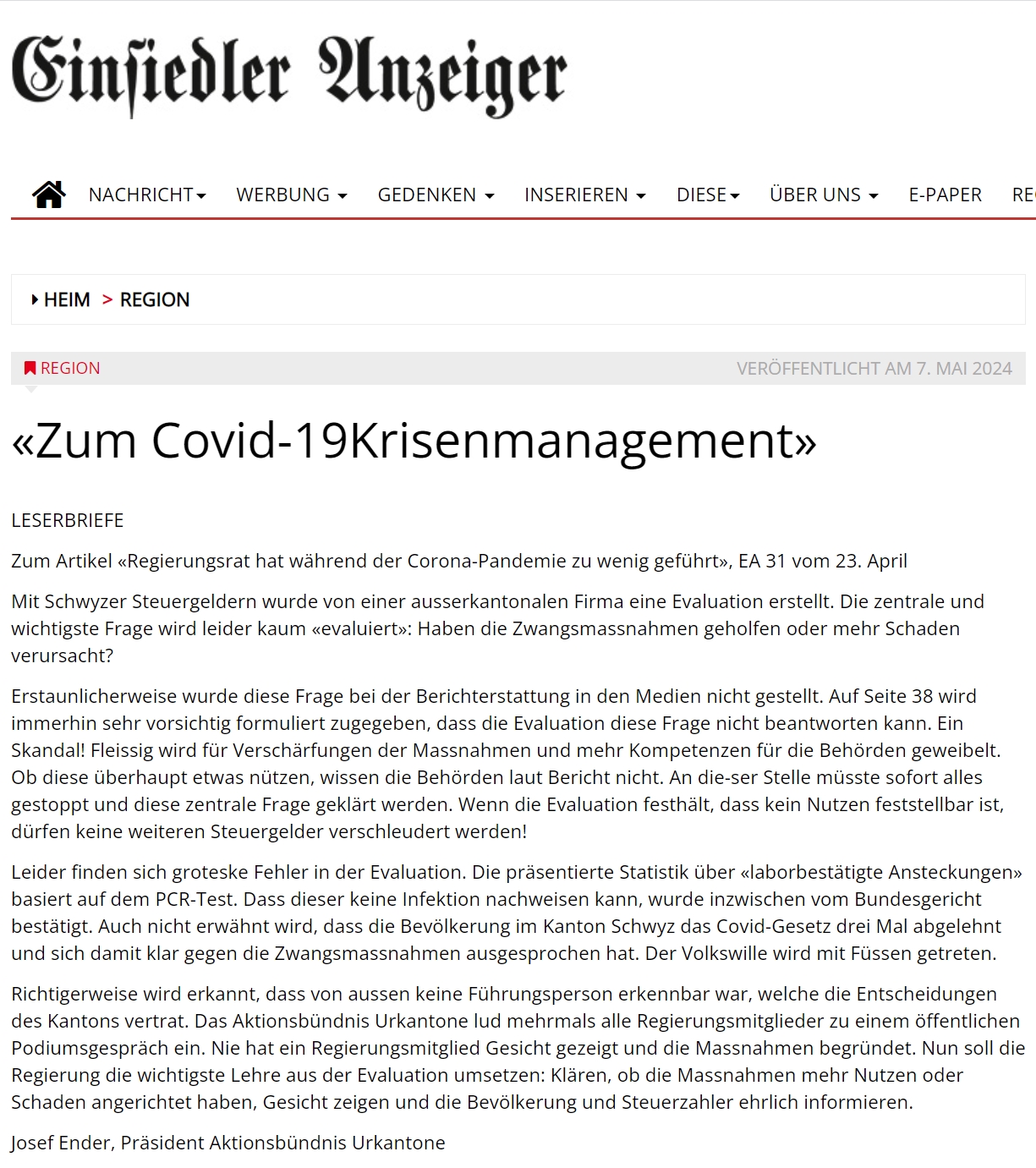 240507_Zum Covid-19Krisenmanagement – Einsiedler Anzeiger
